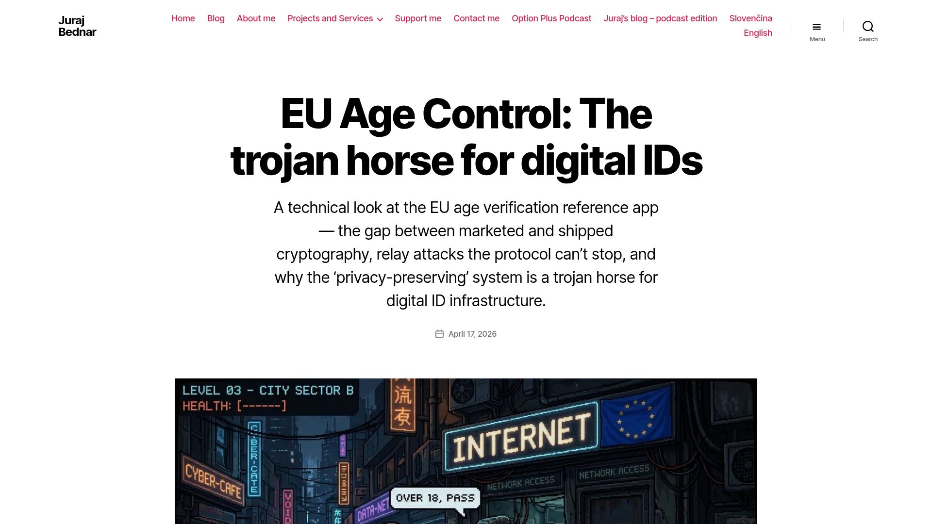 Screenshot of juraj.bednar.io: EU Age Control: The trojan horse for digital IDs