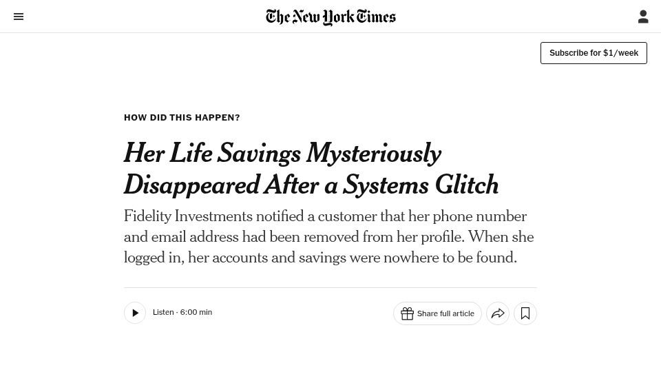 Screenshot of nytimes.com: Her Life Savings Mysteriously Disappeared After a Systems Glitch