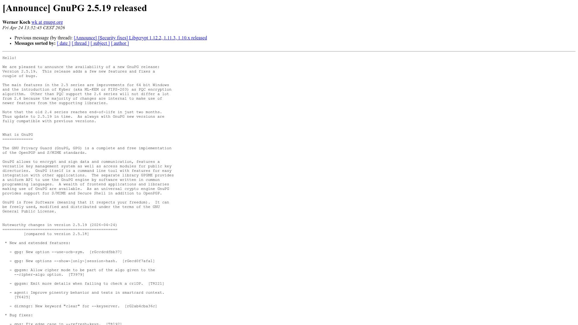 Screenshot of lists.gnupg.org: GnuPG – post-quantum crypto landing in mainline