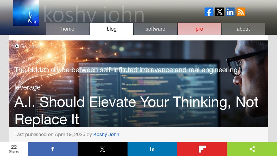 Screenshot of koshyjohn.com: AI should elevate your thinking, not replace it