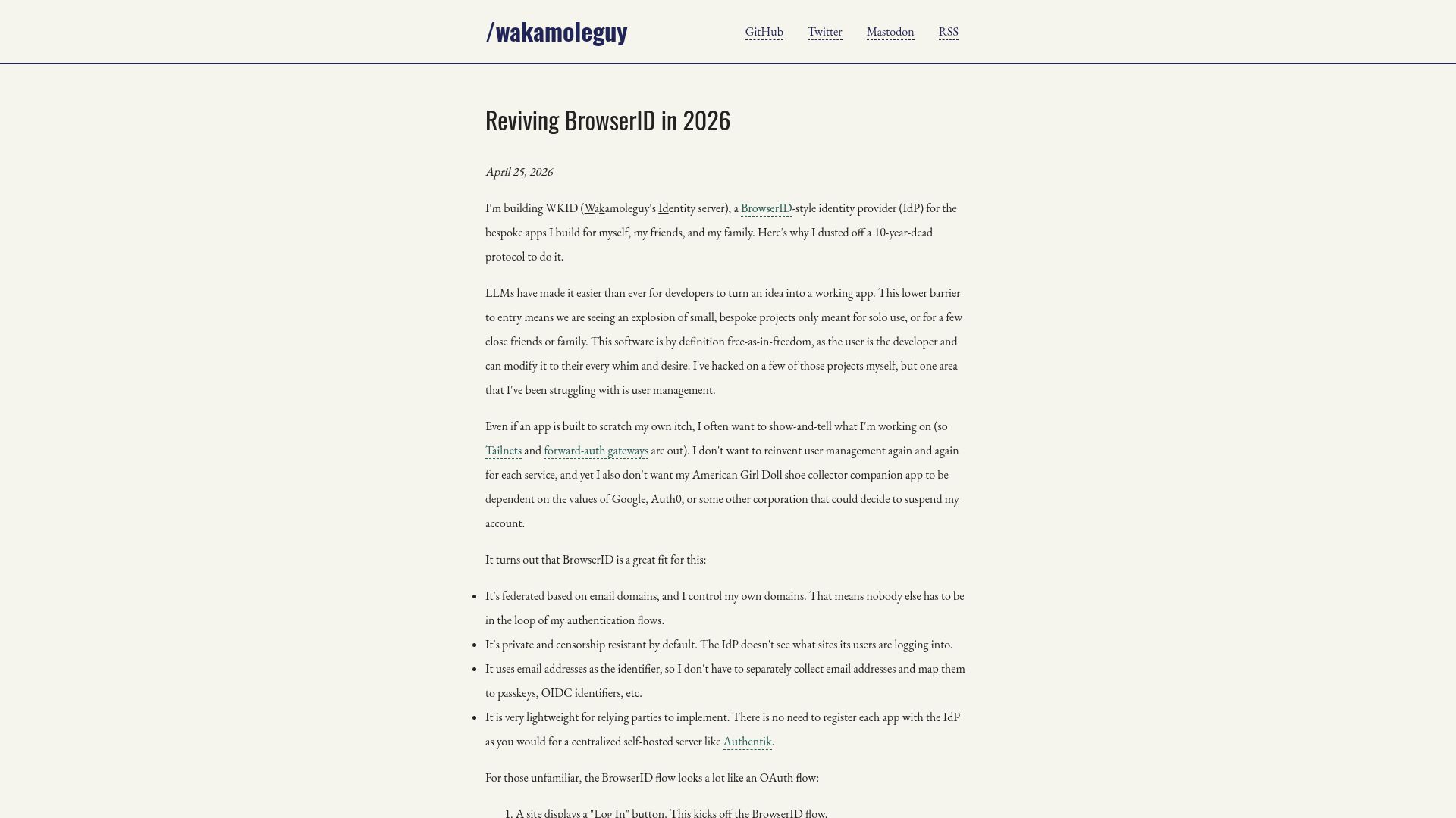 Screenshot of wakamoleguy.com: Reviving BrowserID in 2026