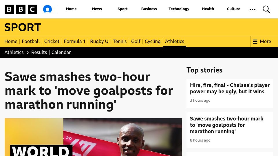 Screenshot of bbc.com: Sawe becomes first athlete to run a sub-two-hour marathon in a competitive race