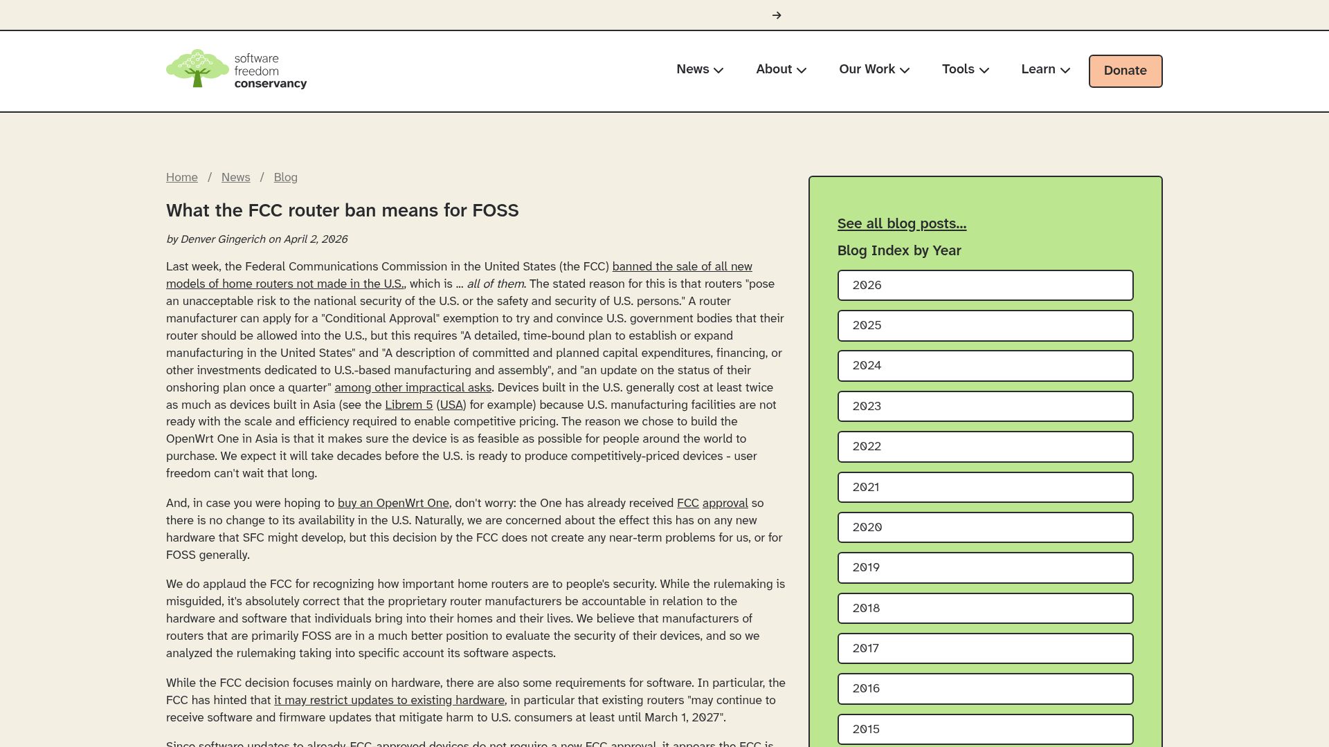 Screenshot of sfconservancy.org: What the FCC router ban means for FOSS