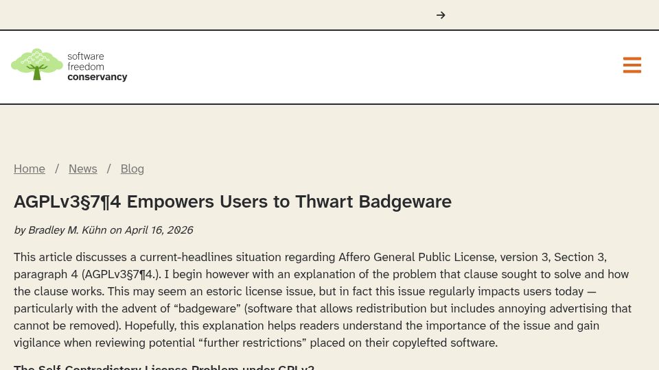 Screenshot of sfconservancy.org: AGPLv3§74 Empowers Users to Thwart Badgeware Like OnlyOffice
