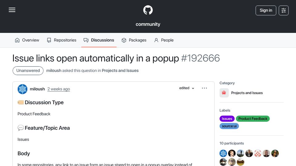 Screenshot of github.com: GitHub unwanted UX change: issue links now open in a popup