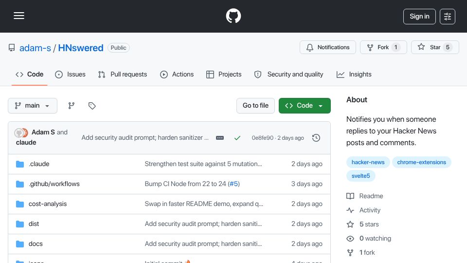 Screenshot of github.com: Show HN: HNswered – watches for replies to your Hacker News posts and comments