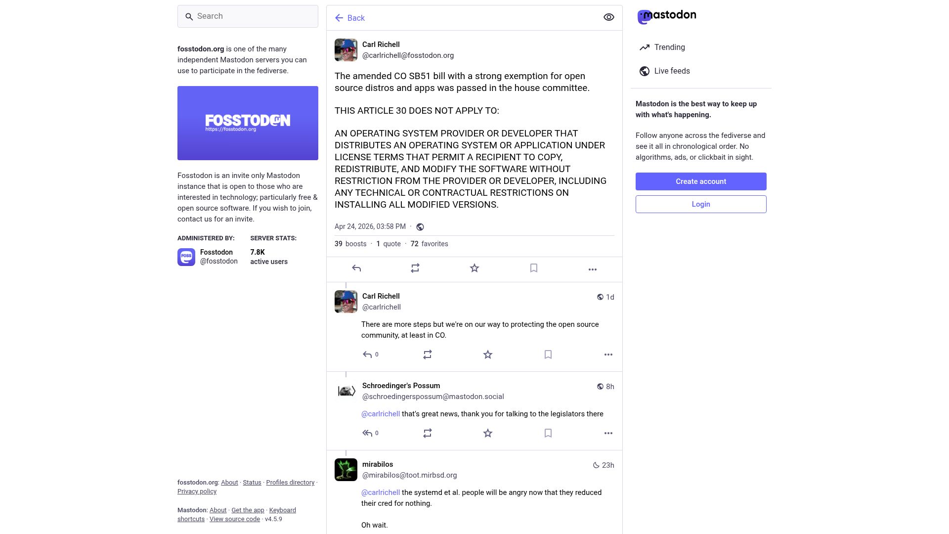 Screenshot of fosstodon.org: Colorado Adds Open-Source Exemption to Age-Verification Bill
