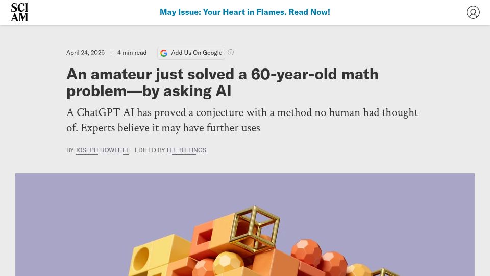 Screenshot of scientificamerican.com: Amateur armed with ChatGPT solves an Erdős problem
