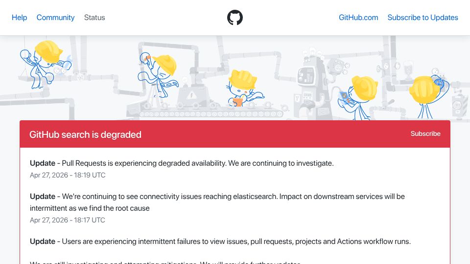 Screenshot of githubstatus.com: GitHub is having issues now