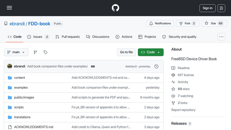 Screenshot of github.com: FreeBSD Device Drivers Book