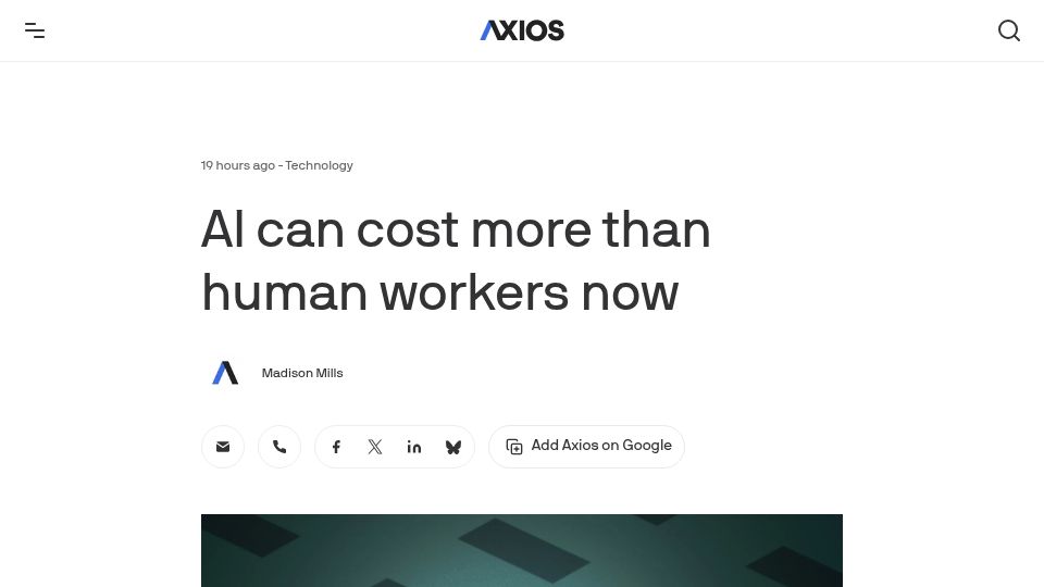Screenshot of axios.com: AI can cost more than human workers now