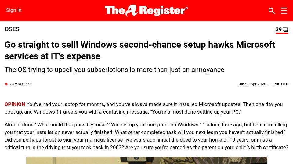 Screenshot of theregister.com: Windows 11's second-chance setup dialogs hurt IT, drain productivity