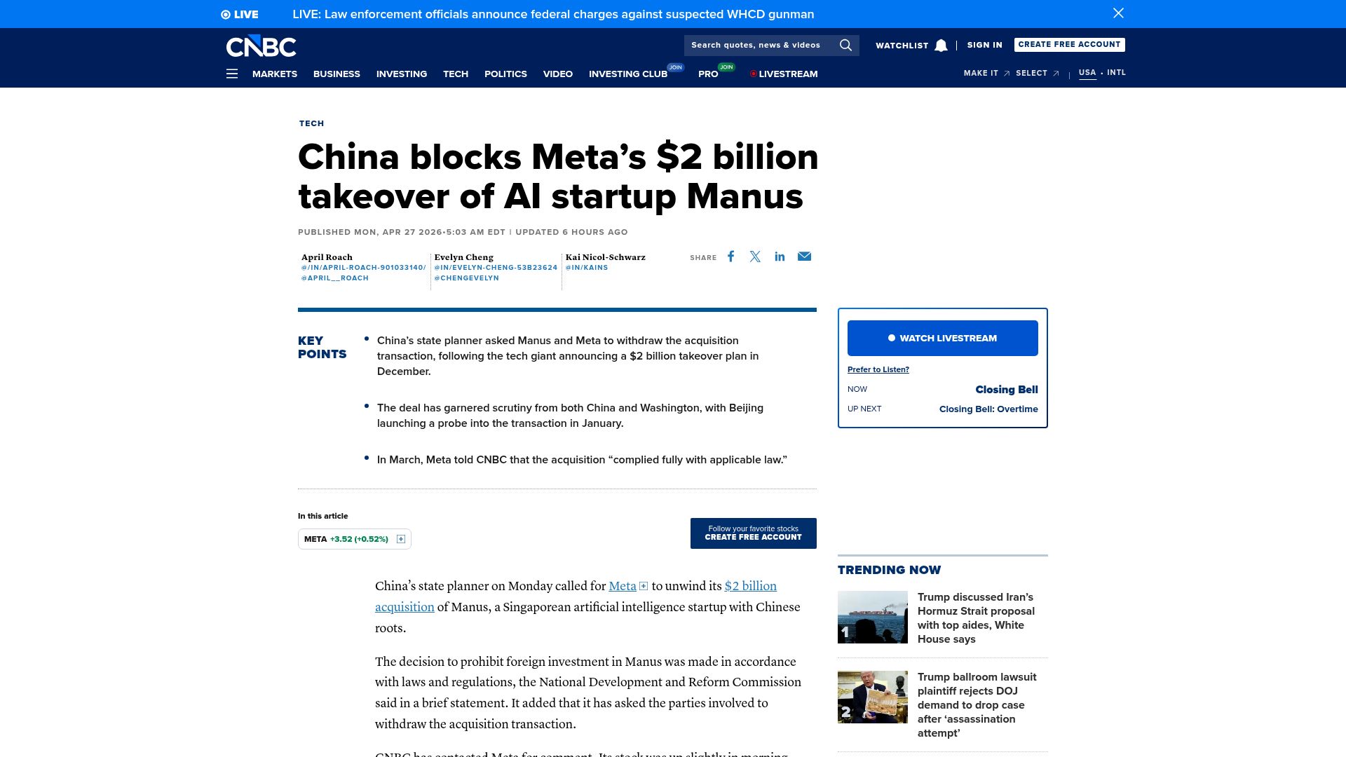 Screenshot of cnbc.com: China blocks Meta's acquisition of AI startup Manus