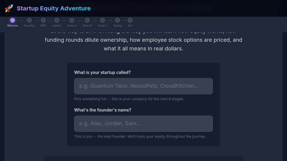 Screenshot of options-game-polymathrobotics.pythonanywhere.com: Show HN: Startup Equity Adventure Game