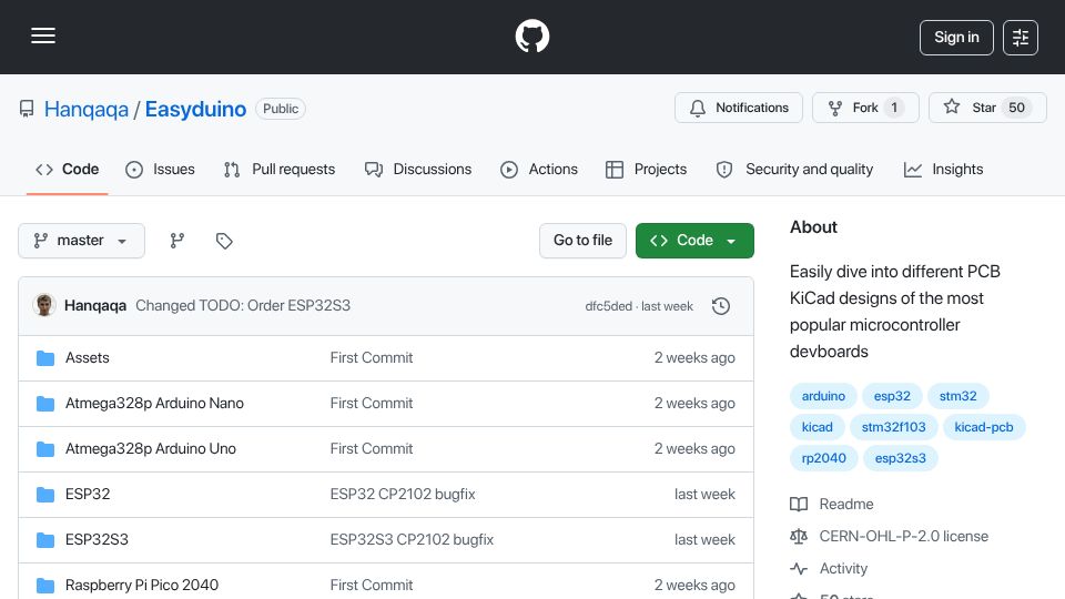 Screenshot of github.com: Easyduino: Open Source PCB Devboards for KiCad