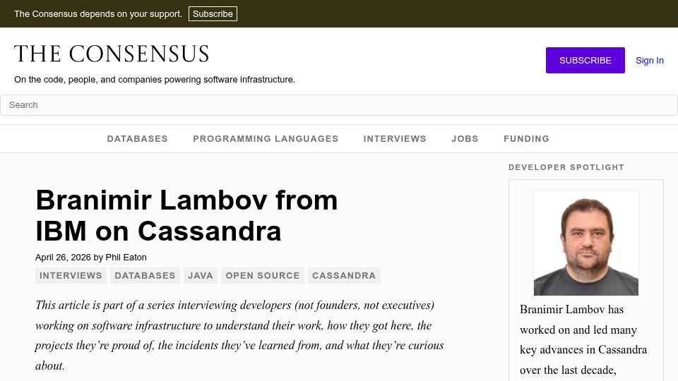 Screenshot of theconsensus.dev: Branimir Lambov from IBM on Cassandra