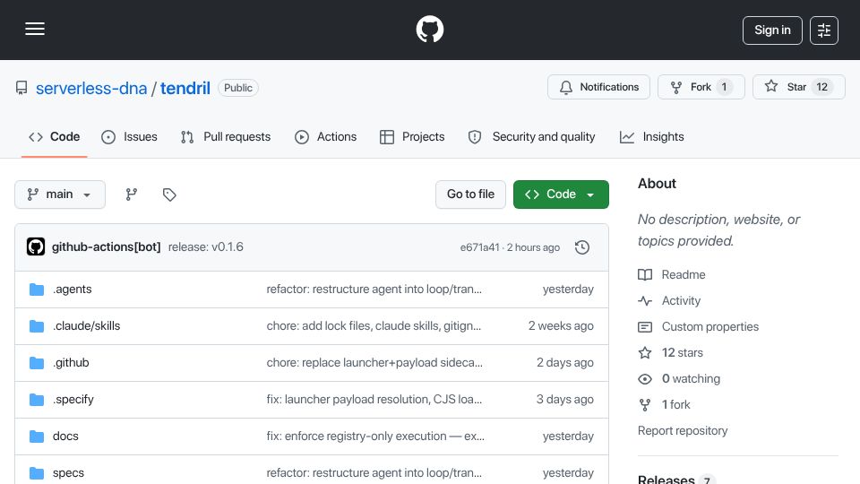 Screenshot of github.com: Tendril – a self-extending agent that builds and registers its own tools
