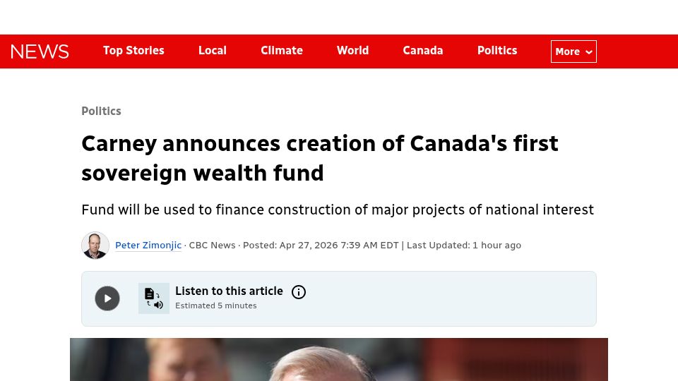 Screenshot of cbc.ca: Canada's first sovereign wealth fund