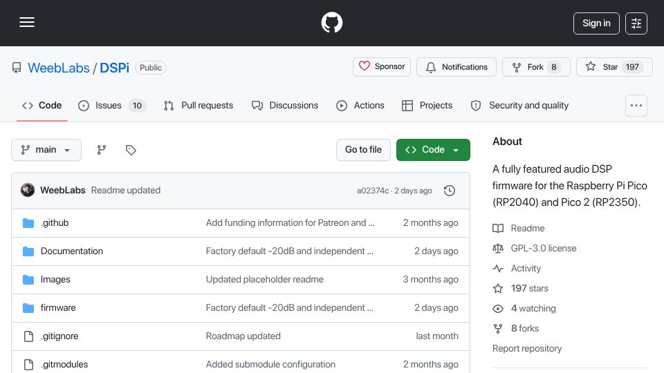 Screenshot of github.com: Fully Featured Audio DSP Firmware for the Raspberry Pi Pico