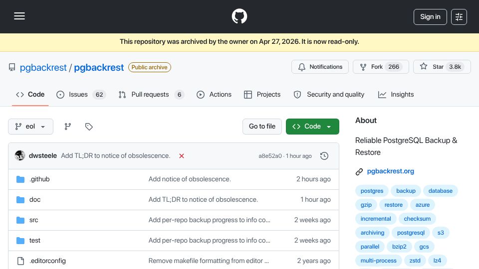 Screenshot of github.com: Pgbackrest is no longer being maintained