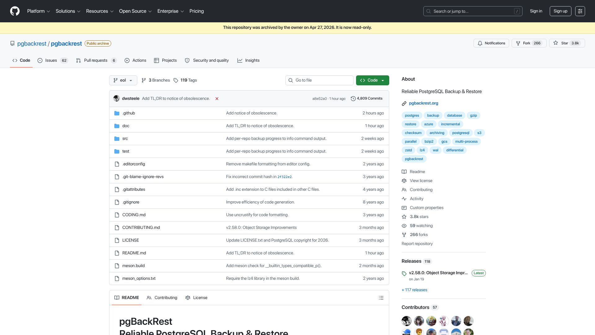 Screenshot of github.com: Pgbackrest is no longer being maintained