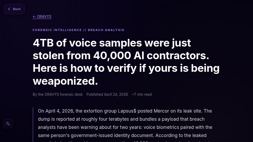 Screenshot of app.oravys.com: 4TB of voice samples just stolen from 40k AI contractors at Mercor
