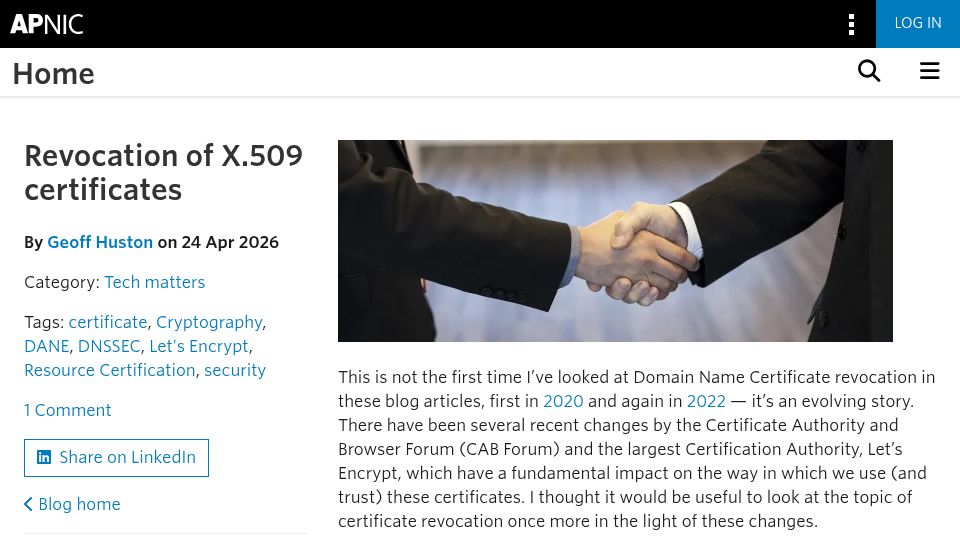 Screenshot of blog.apnic.net: Revocation of X.509 Certificates