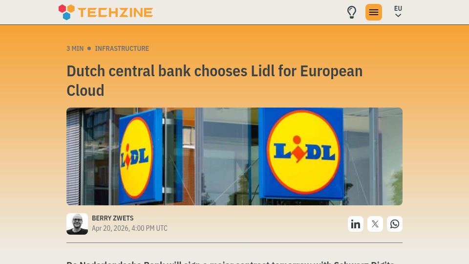Screenshot of techzine.eu: Dutch central bank ditches AWS and chooses Lidl for European Cloud
