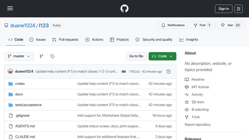 Screenshot of github.com: L123: A Lotus 1-2-3–style terminal spreadsheet with modern Excel compatibility