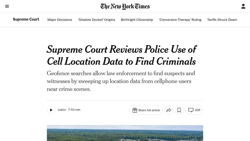 Screenshot of nytimes.com: US Supreme Court reviews police use of cell location data