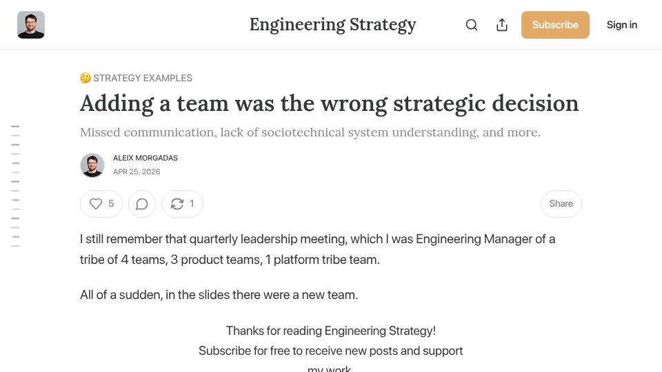 Screenshot of learnings.aleixmorgadas.dev: Adding a team was the wrong strategic decision
