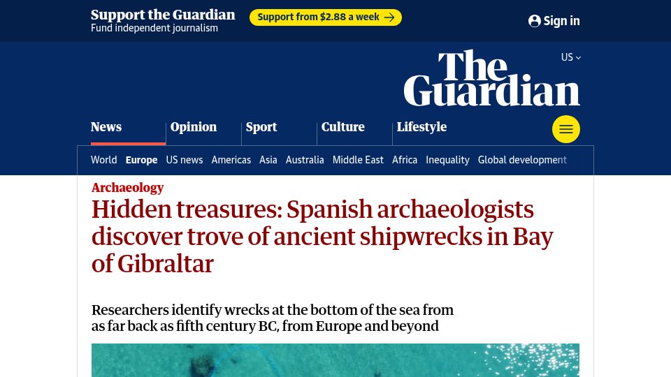 Screenshot of theguardian.com: Spanish archaeologists discover trove of ancient shipwrecks in Bay of Gibraltar