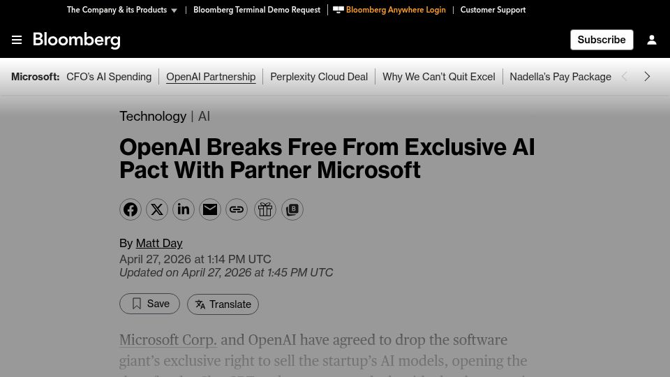 Screenshot of bloomberg.com: Microsoft and OpenAI end their exclusive and revenue-sharing deal