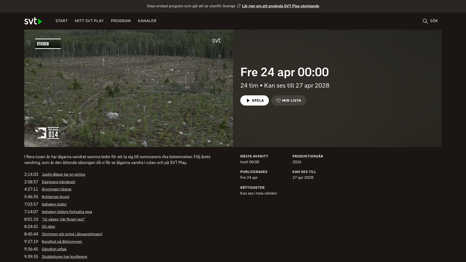 Screenshot of svtplay.se: Den stora Älgvandringen – The great moose migration (live)
