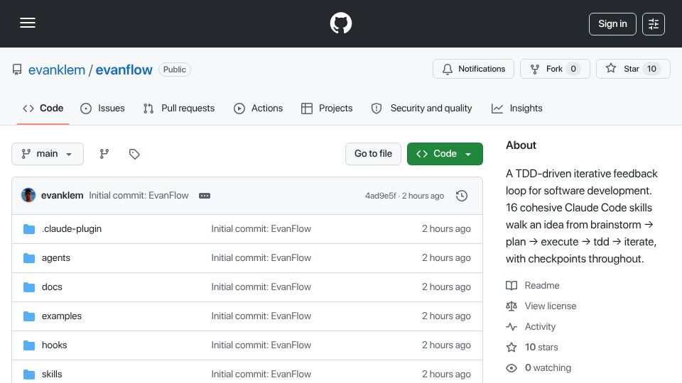 Screenshot of github.com: EvanFlow – A TDD driven feedback loop for Claude Code