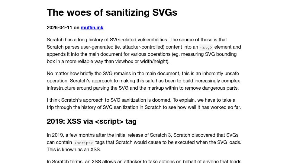 Screenshot of muffin.ink: The woes of sanitizing SVGs