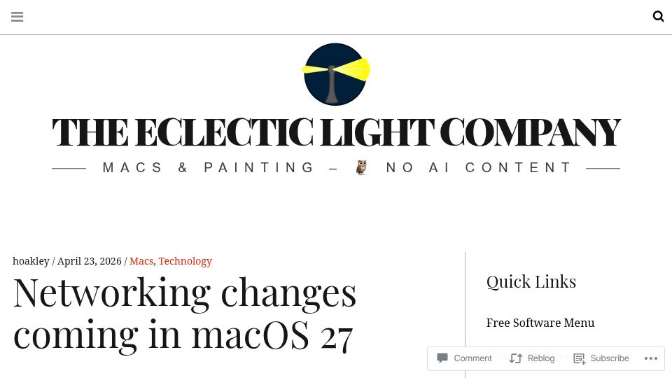 Screenshot of eclecticlight.co: Networking changes coming in macOS 27