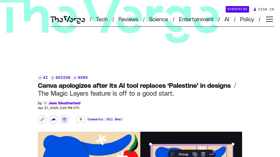 Screenshot of theverge.com: Canva apologizes after its AI tool replaces 'Palestine' in designs