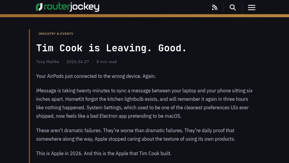 Screenshot of routerjockey.com: Tim Cook Is Leaving. Good