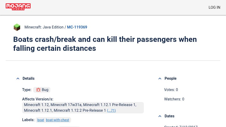 Screenshot of bugs.mojang.com: Boats crash/break and can kill their passengers when falling certain distances