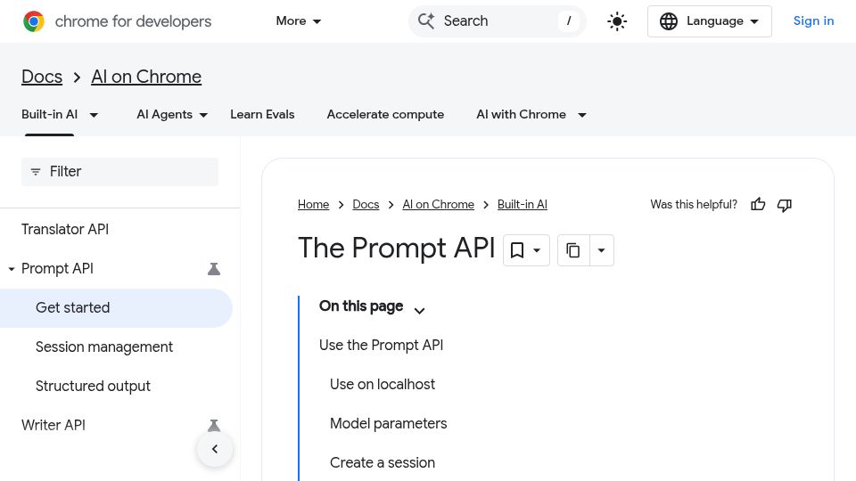 Screenshot of developer.chrome.com: The Prompt API