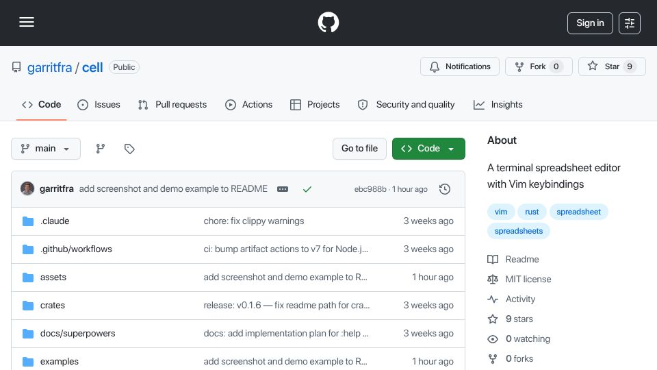 Screenshot of github.com: Show HN: A terminal spreadsheet editor with Vim keybindings