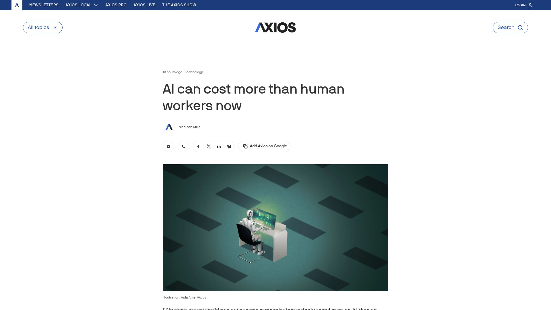 Screenshot of axios.com: AI can cost more than human workers now