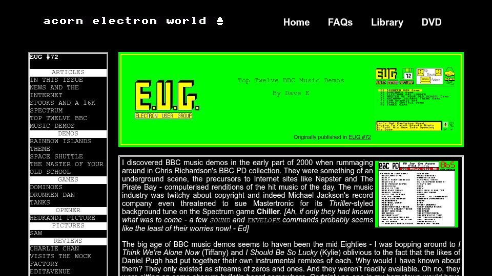 Screenshot of acornelectron.co.uk: Music of the BBC Microcomputer System