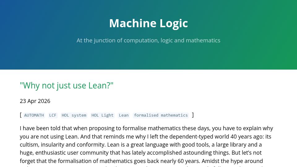 Screenshot of lawrencecpaulson.github.io: “Why not just use Lean?”