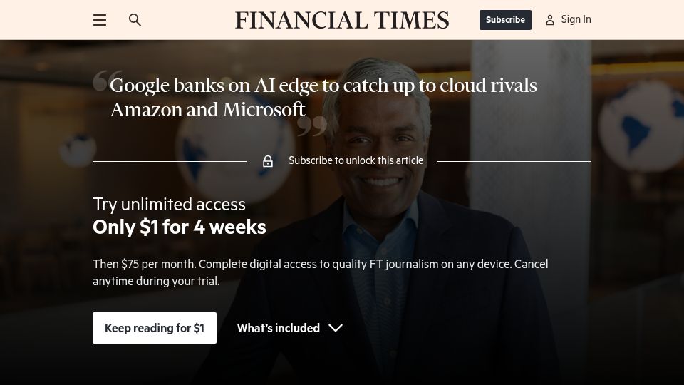 Screenshot of ft.com: Google banks on AI edge to catch up to cloud rivals Amazon and Microsoft