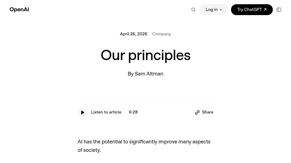 Screenshot of openai.com: Our principles