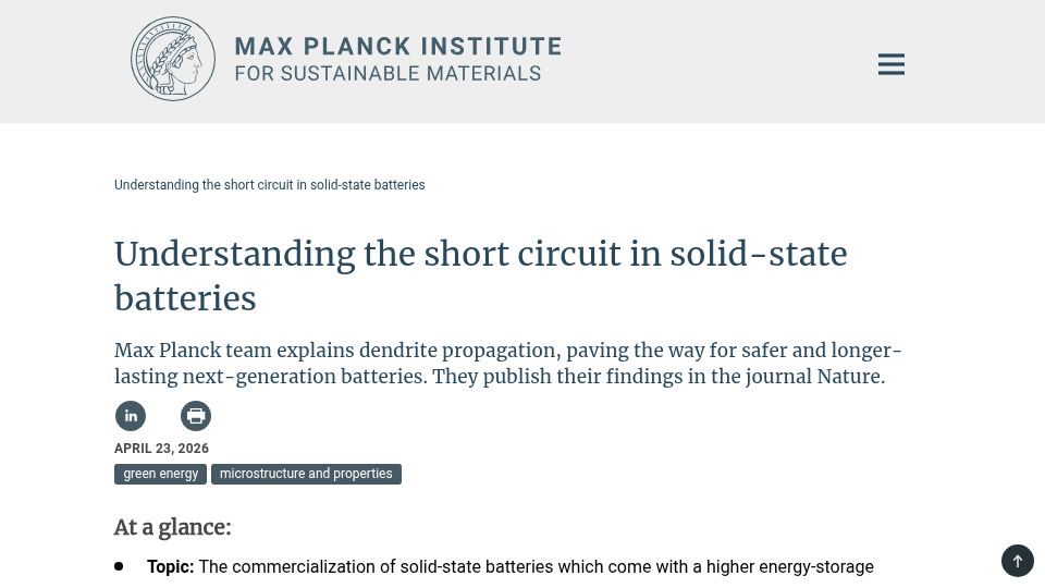 Screenshot of mpie.de: Understanding the short circuit in solid-state batteries