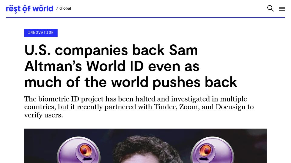 Screenshot of restofworld.org: U.S. companies back Sam Altman's World ID even as much of the world pushes back