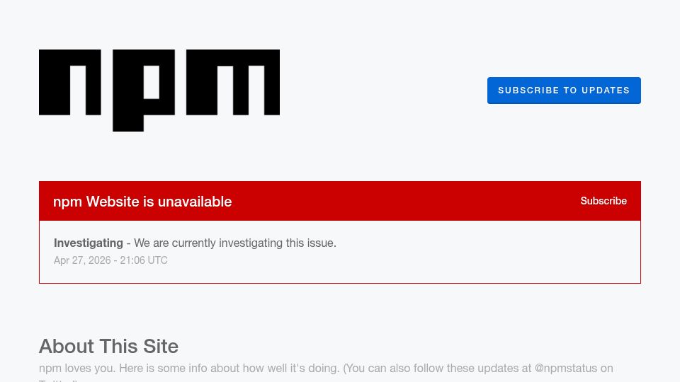 Screenshot of status.npmjs.org: NPM website was down